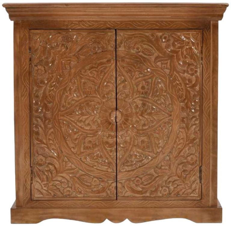 Carved Mango Wood 85cm Small Sideboard - 2 Doors