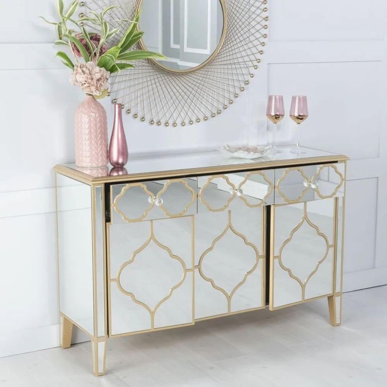Casablanca Mirrored Gold Trim 3 Door Large Sideboard - 125cm