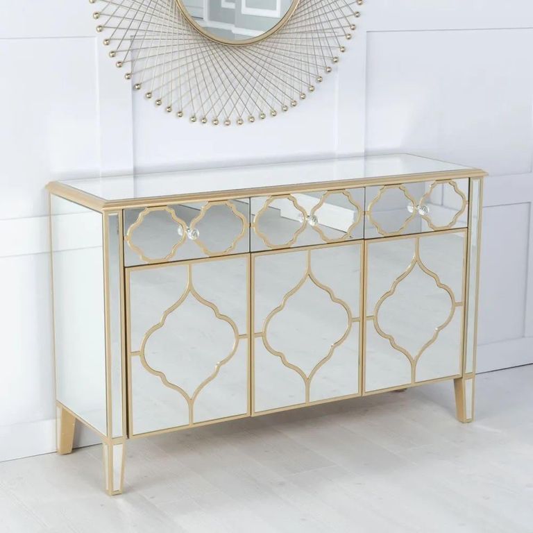 Casablanca Mirrored Gold Trim 3 Door Large Sideboard - 125cm