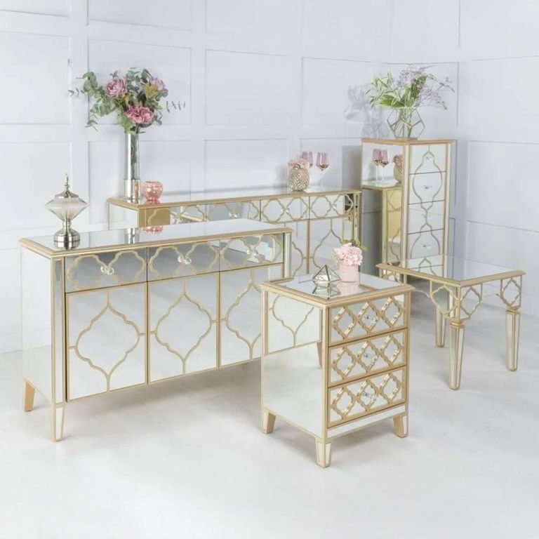 Casablanca Mirrored Gold Trim 3 Door Large Sideboard - 125cm