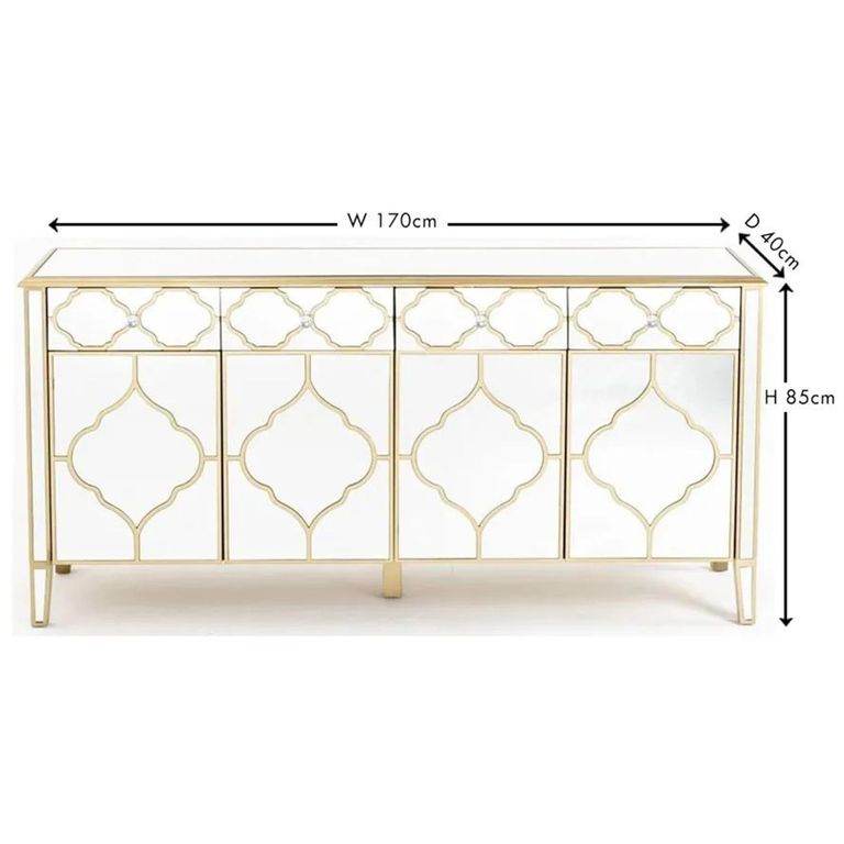 Casablanca Mirrored Gold Trim 4 Door Large Sideboard - 170cm