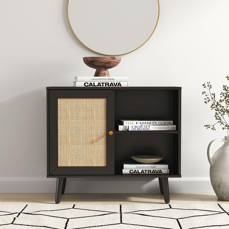 Clearance - Ferrero Black and Woven Rattan 1 Door Cabinet