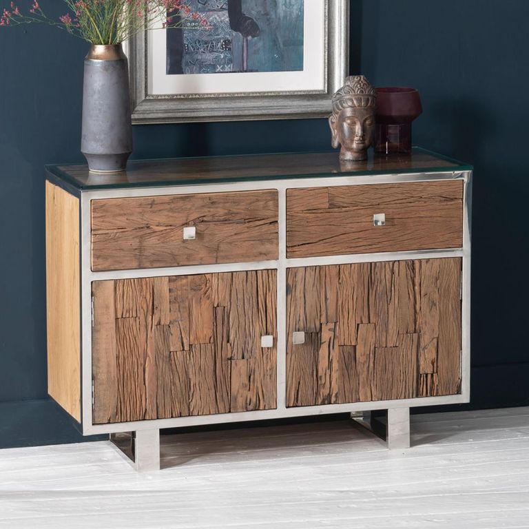 Clearance - Railway Sleeper Gass Top 105cm Small Sideboard - 2 Doors - Brand New Item