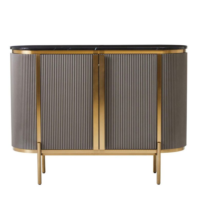 Dervio Sideboard - 2 Door - Small - Grey Fluted - Curved with Black Marble Top - 120cm