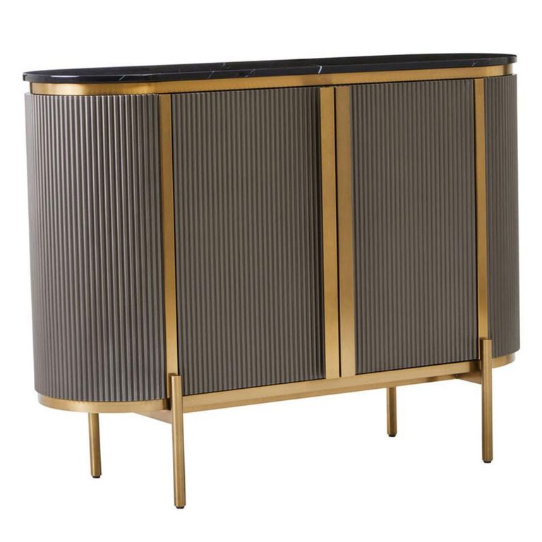 Dervio Sideboard - 2 Door - Small - Grey Fluted - Curved with Black Marble Top - 120cm