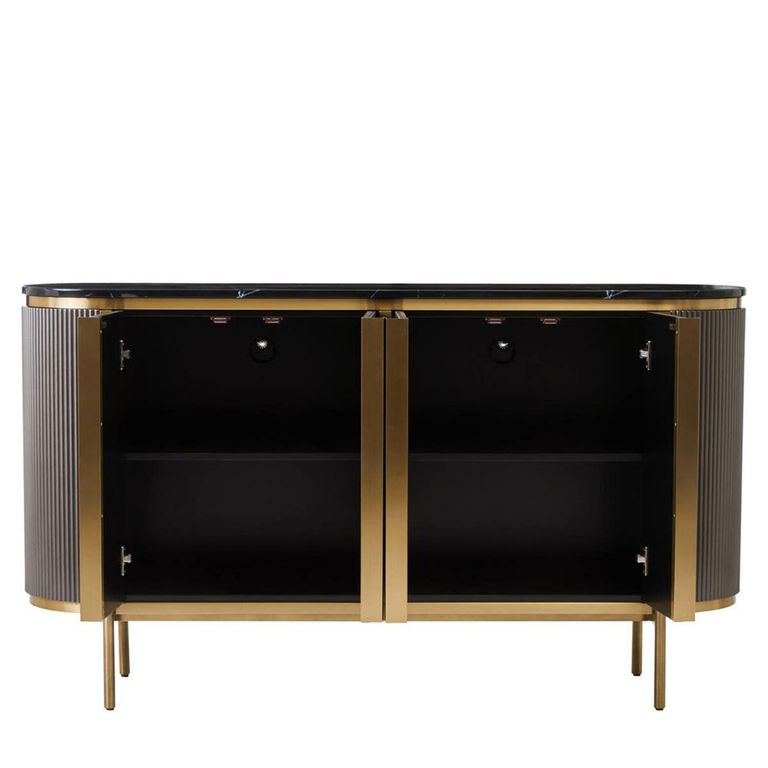 Dervio Sideboard - 4 Door - Large - Grey Fluted - Curved with Black Marble Top - 160cm