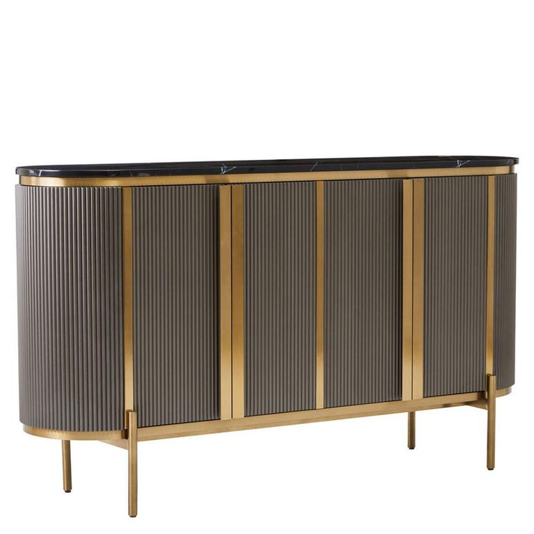 Dervio Sideboard - 4 Door - Large - Grey Fluted - Curved with Black Marble Top - 160cm