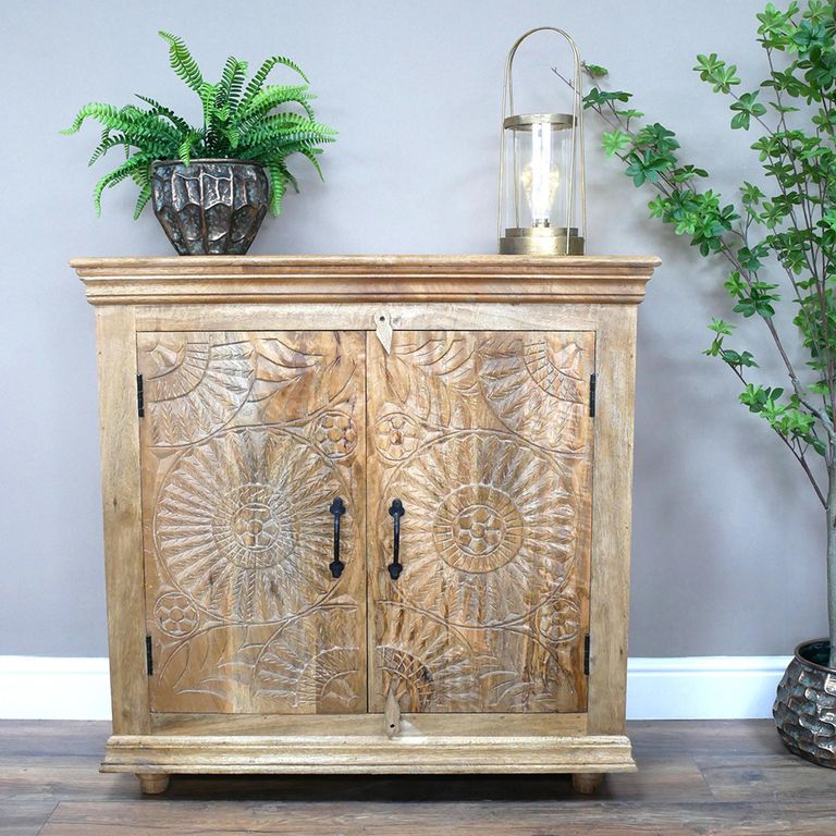 Sideboard - Carved Mango Wood - 2 Door - Small - 91cm