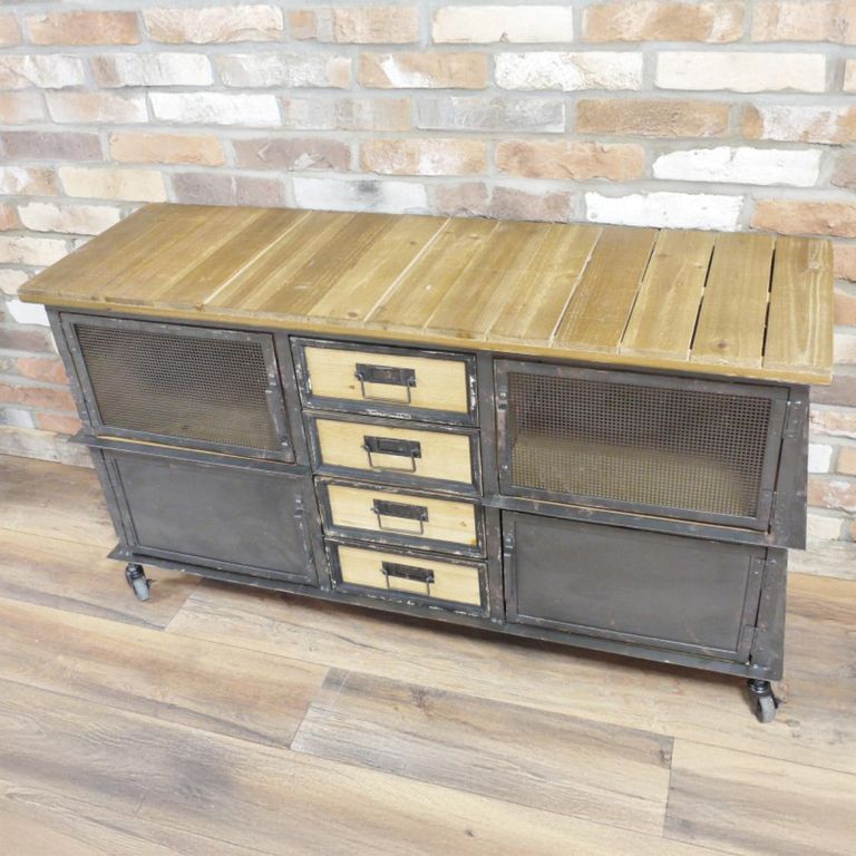 Sideboard - 4 Door - Medium - on Wheels - 125cm - Industrial - Metal & Wood