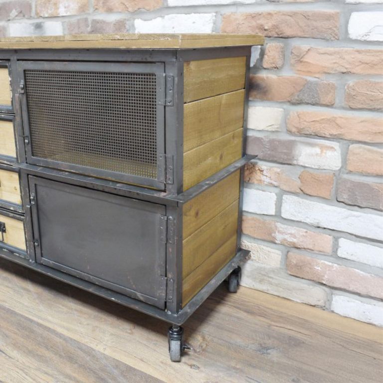 Sideboard - 4 Door - Medium - on Wheels - 125cm - Industrial - Metal & Wood