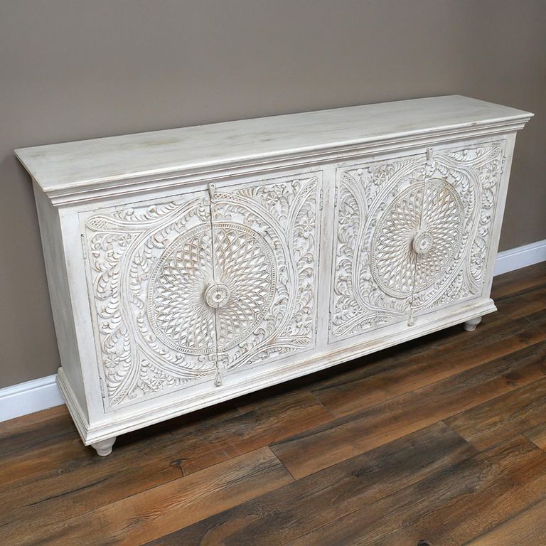 Sideboard - White Washed Carved Mango Wood - 4 Door - Large - 180cm