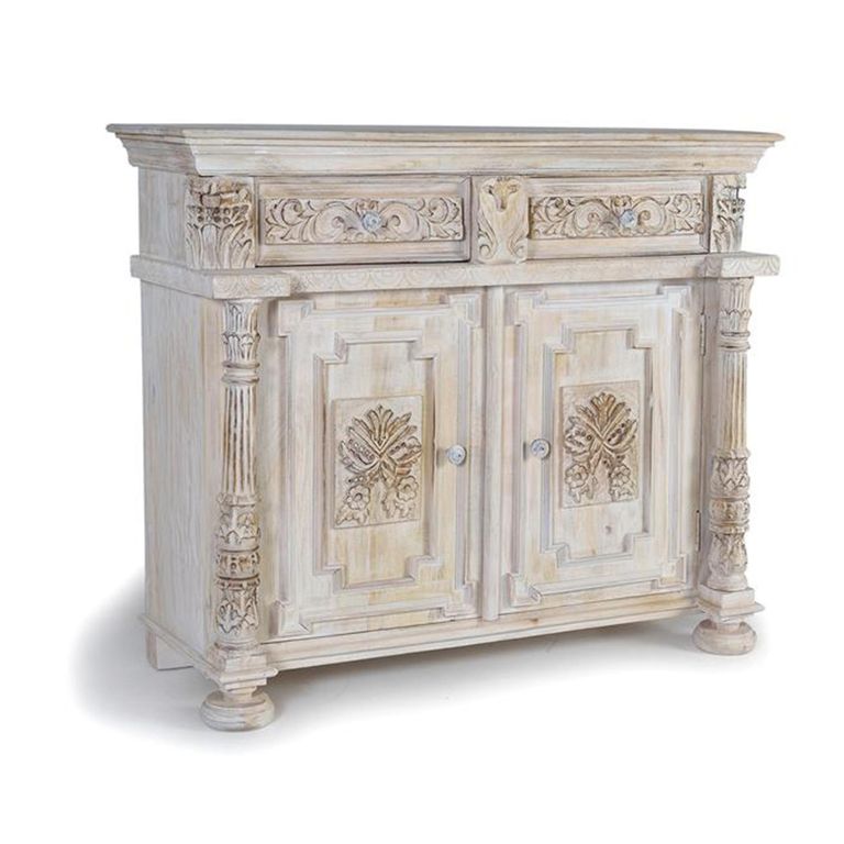 Greth Sideboard - Distressed White Carved Mango Wood - 2 Door - Small - 120cm