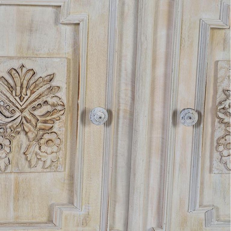 Greth Sideboard - Distressed White Carved Mango Wood - 2 Door - Small - 120cm