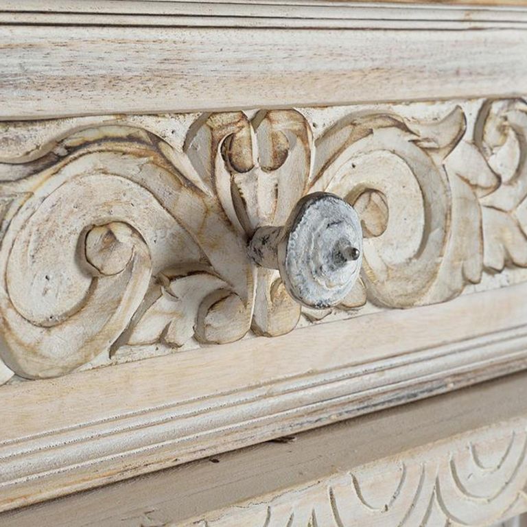 Greth Sideboard - Distressed White Carved Mango Wood - 2 Door - Small - 120cm