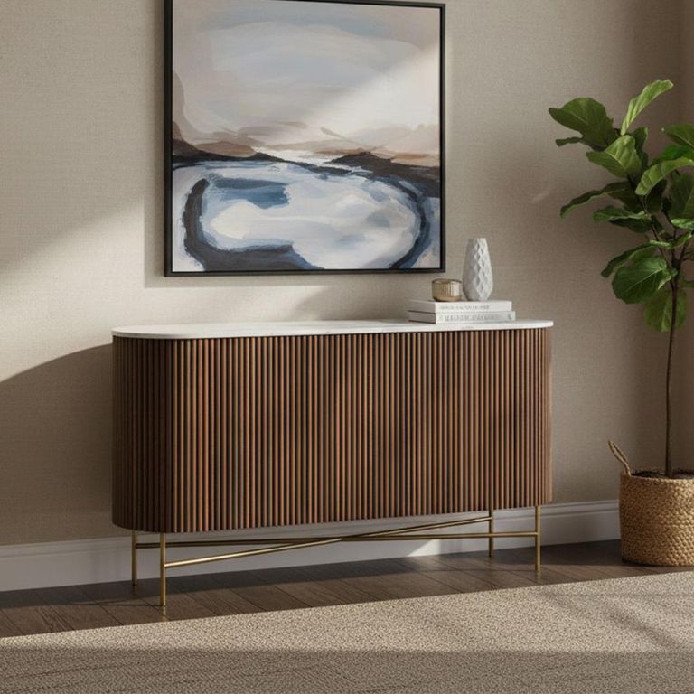 Harvard Sideboard - 150cm Medium 2 Door Fluted Curved - White Marble Top