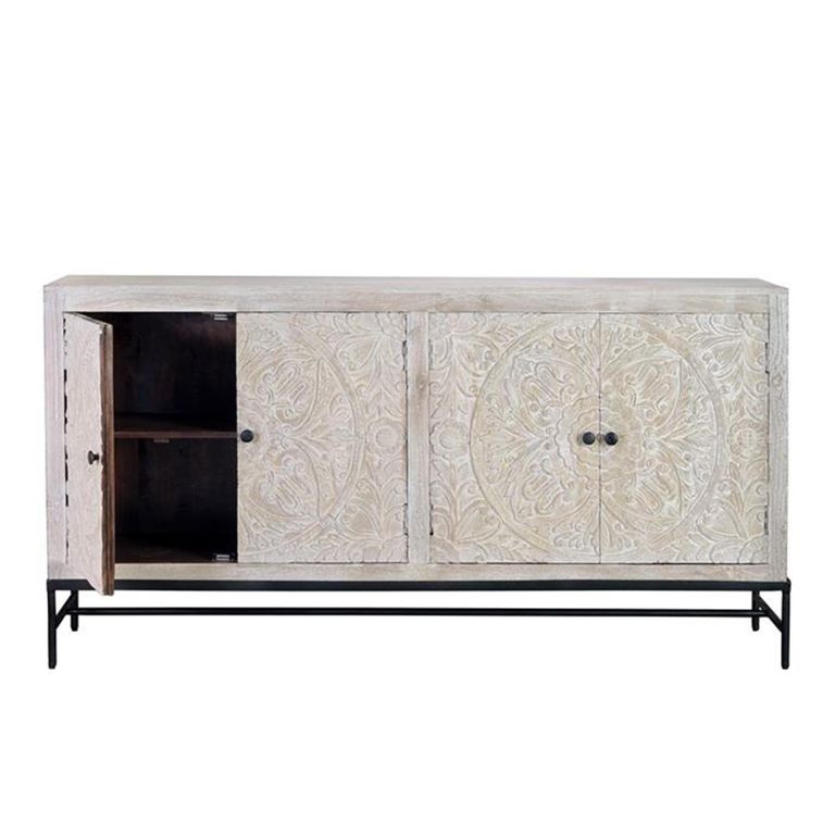 Hothova Sideboard - Distressed White Carved Mango Wood - 4 Door - Large - 170cm