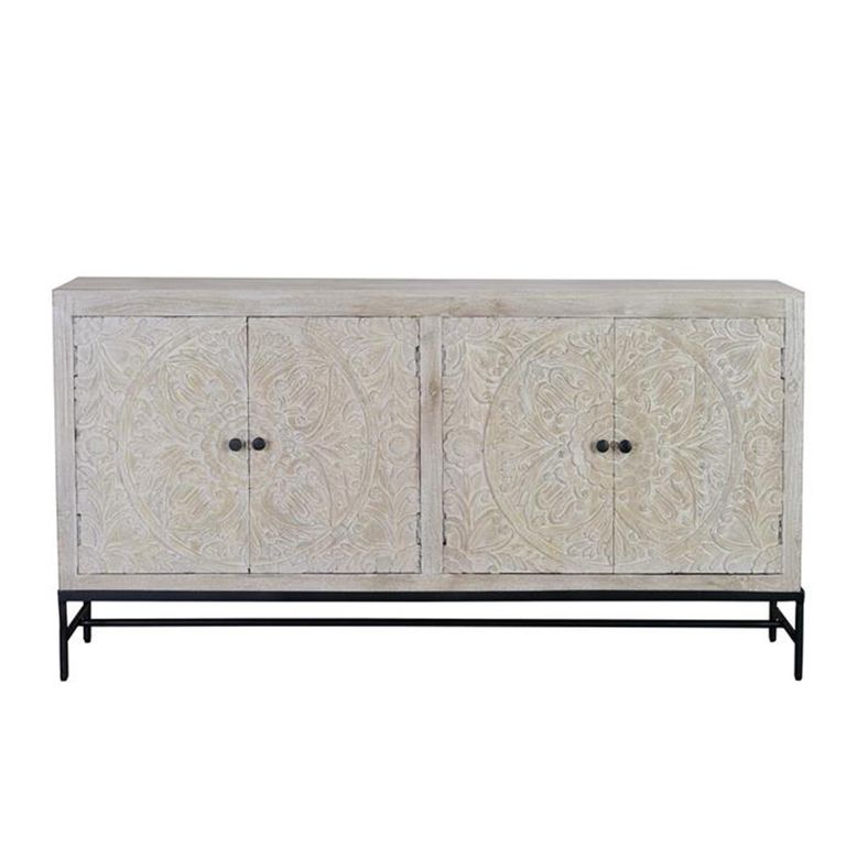 Hothova Sideboard - Distressed White Carved Mango Wood - 4 Door - Large - 170cm