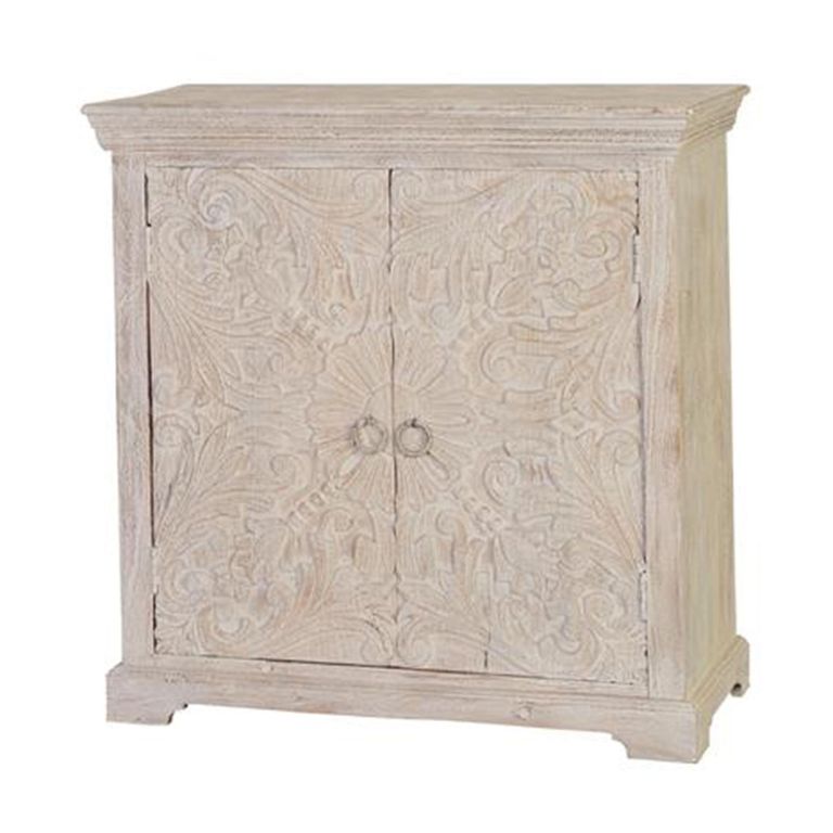 Isqari Sideboard - White Washed Carved Mango Wood - 2 Door - Small - 90cm