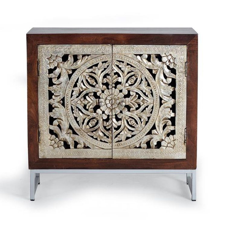 Jush Sideboard - Carved Dark Mango Wood - 2 Door - Small - 80cm