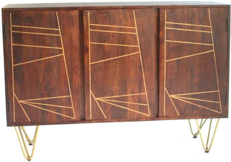 Kaza Dark Mango Wood 135cm Medium Sideboard - Hairpin Legs with Gold Geomatric Inlay