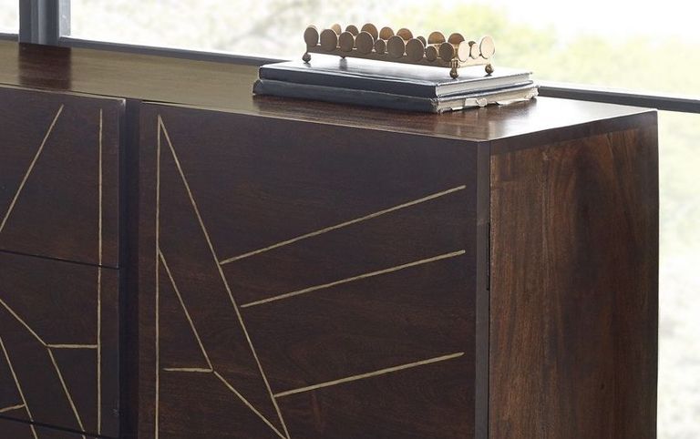 Kaza Dark Mango Wood 160cm Large Sideboard - Hairpin Legs with Gold Geometric Inlay