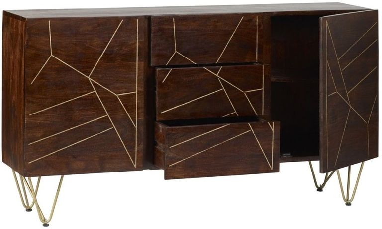 Kaza Dark Mango Wood 160cm Large Sideboard - Hairpin Legs with Gold Geometric Inlay