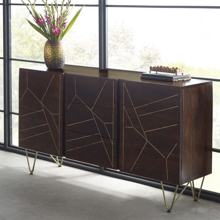 Kaza Dark Mango Wood 160cm Large Sideboard - Hairpin Legs with Gold Geometric Inlay