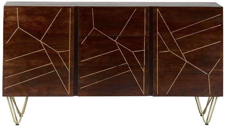 Kaza Dark Mango Wood 160cm Large Sideboard - Hairpin Legs with Gold Geometric Inlay