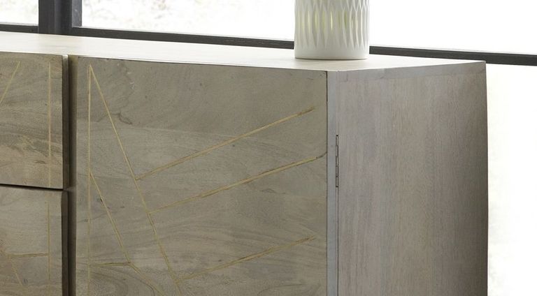 Kaza Light Mango Wood 160cm Large Sideboard - Hairpin Legs with Gold Geometric Inlay
