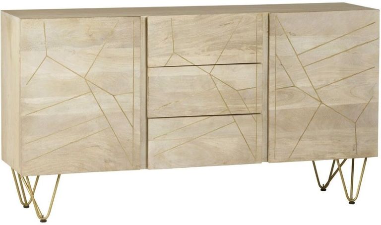 Kaza Light Mango Wood 160cm Large Sideboard - Hairpin Legs with Gold Geometric Inlay