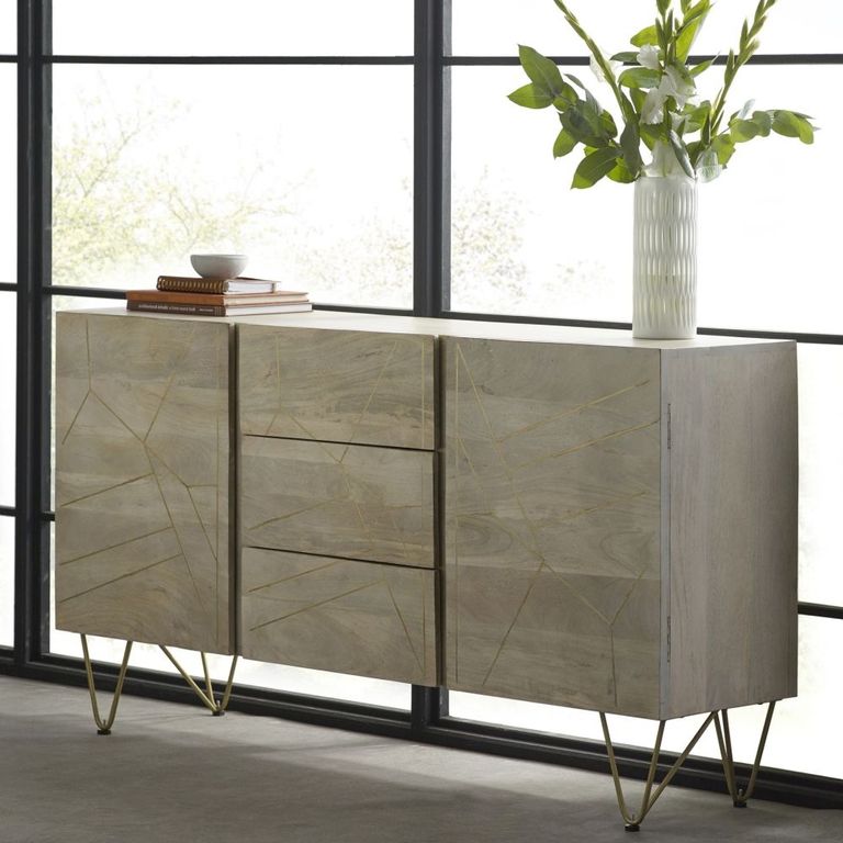 Kaza Light Mango Wood 160cm Large Sideboard - Hairpin Legs with Gold Geometric Inlay