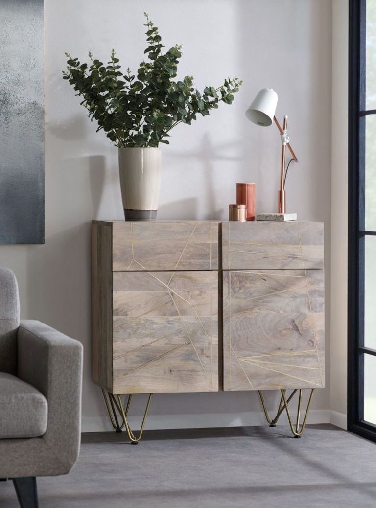 Kaza Light Mango Wood 90cm Small Sideboard - Hairpin Legs with Gold Geometric Inlay