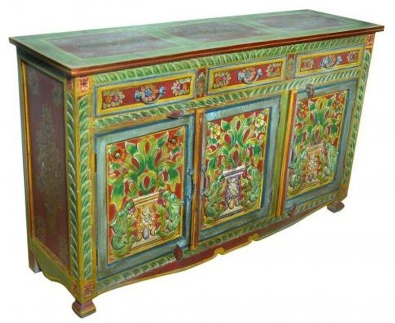 Kufri Hand Painted Folk Pattern Sideboard, 140cm with 3 Door 3 Drawer
