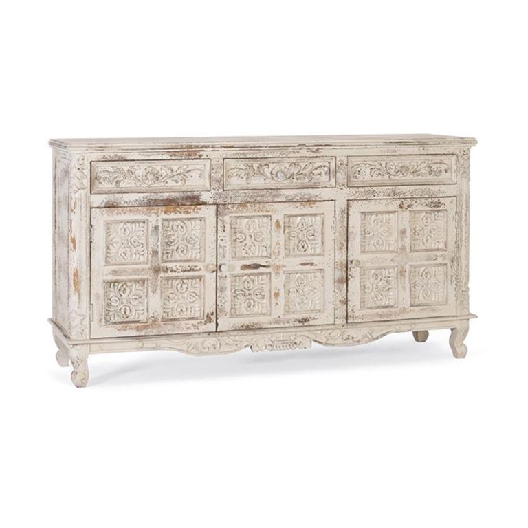 Linzarates Sideboard - Distressed White Mango Wood - 3 Door - Large - 175cm