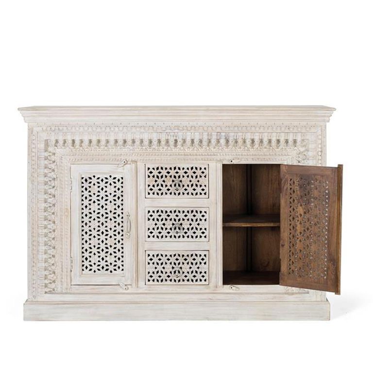 Lomax Sideboard - White Carved Mango Wood - 2 Door - Medium - 150cm