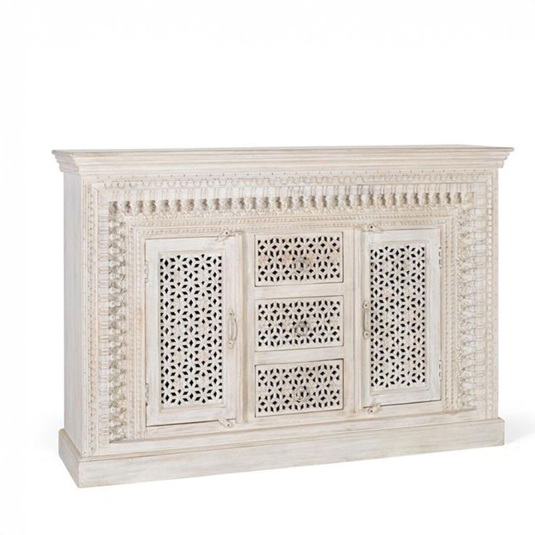 Lomax Sideboard - White Carved Mango Wood - 2 Door - Medium - 150cm