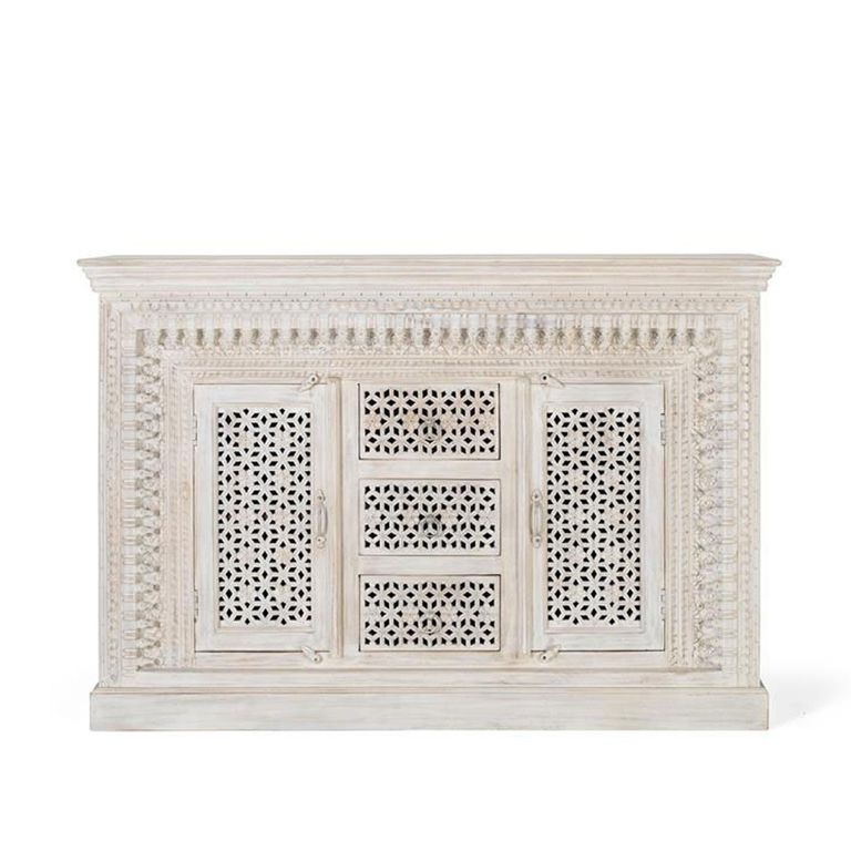 Lomax Sideboard - White Carved Mango Wood - 2 Door - Medium - 150cm