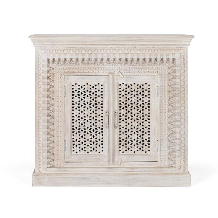 Lomax Sideboard - White Carved Mango Wood - 2 Door - Small - 110cm
