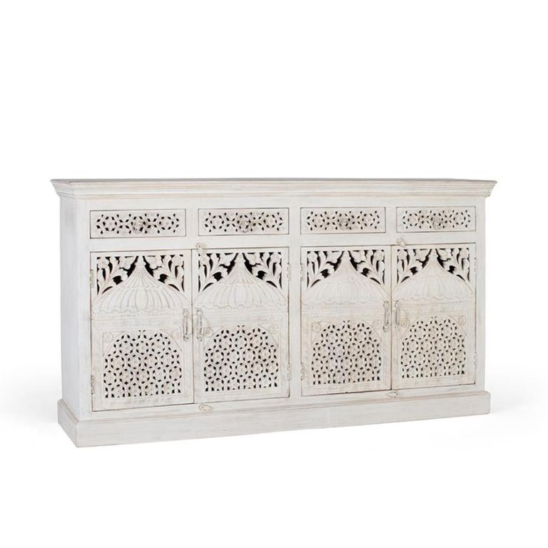 Lomax Sideboard - White Carved Mango Wood - 4 Door - Extra Large - 180cm