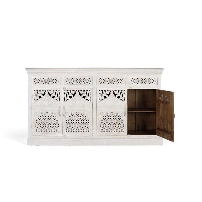 Lomax Sideboard - White Carved Mango Wood - 4 Door - Extra Large - 180cm