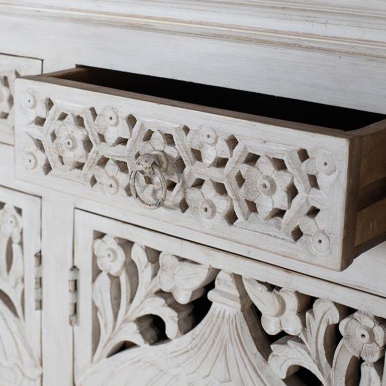 Lomax Sideboard - White Carved Mango Wood - 4 Door - Extra Large - 180cm