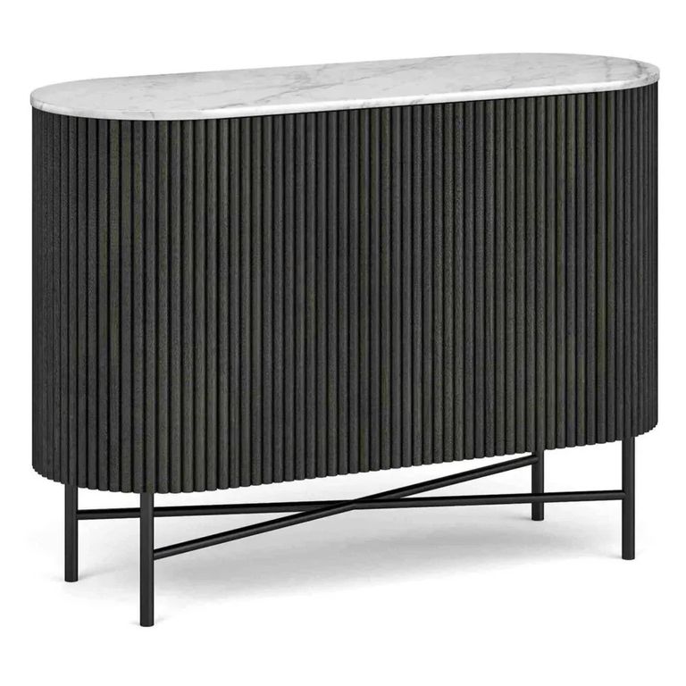 Lucas Black Sideboard - 100cm Small 2 Door Fluted Curved - White Marble Top