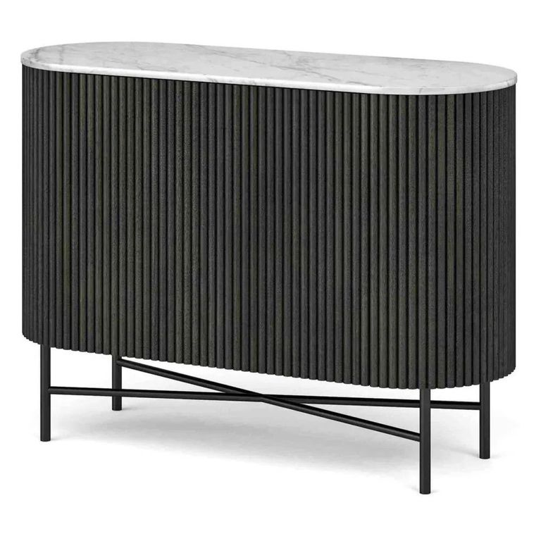 Lucas Black Sideboard - 100cm Small 2 Door Fluted Curved - White Marble Top