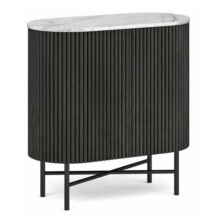 Lucas Black Sideboard - 65cm Mini 2 Door Fluted Curved - White Marble Top