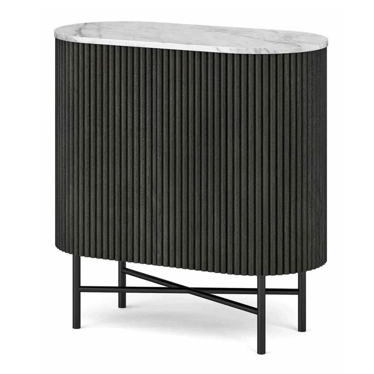 Lucas Black Sideboard - 65cm Mini 2 Door Fluted Curved - White Marble Top