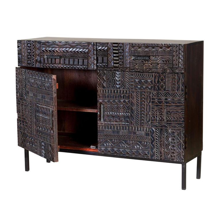 Macedonia Sideboard - Carved Dark Mango Wood - 2 Door - Small - 100cm