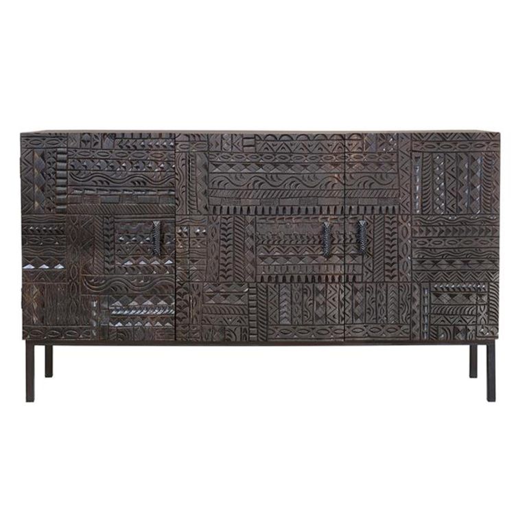 Macedonia Sideboard - Carved Dark Mango Wood - 3 Door - Medium - 150cm