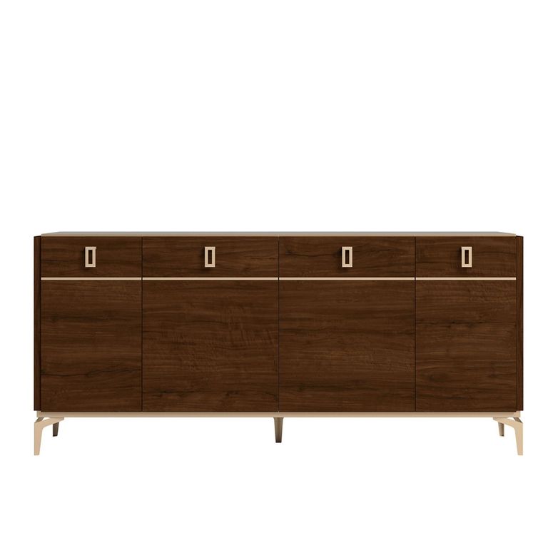 Modern Eva Large Buffet Sideboard - 4 Doors - Walnut with Gold Trim