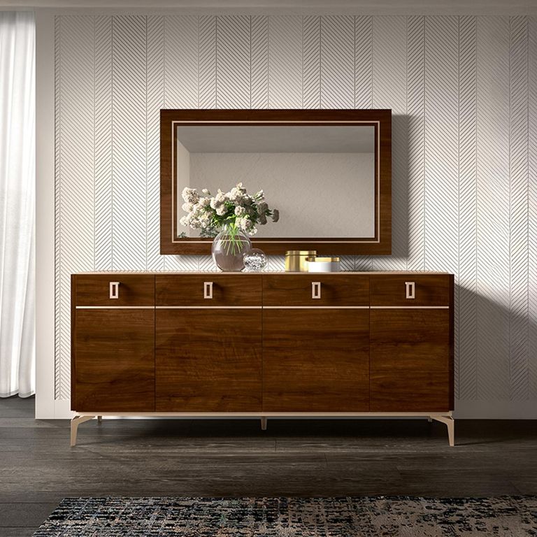 Modern Eva Large Buffet Sideboard - 4 Doors - Walnut with Gold Trim