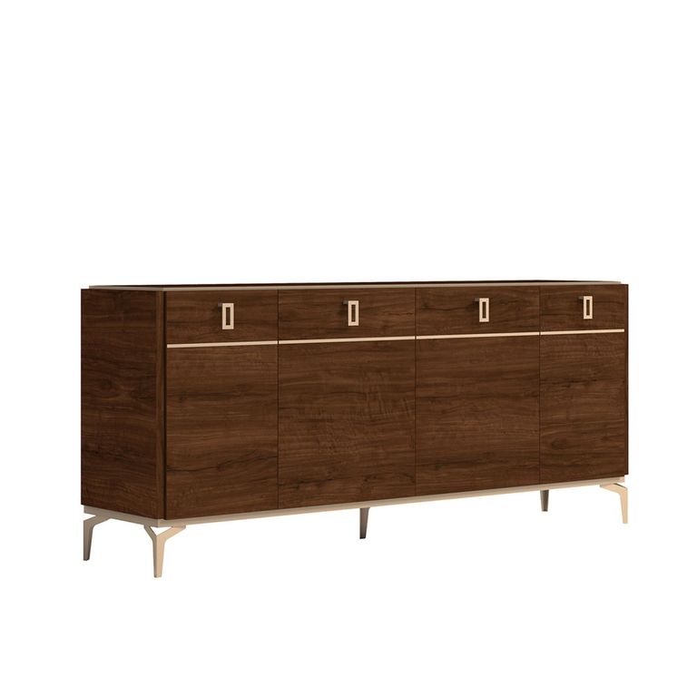 Modern Eva Large Buffet Sideboard - 4 Doors - Walnut with Gold Trim
